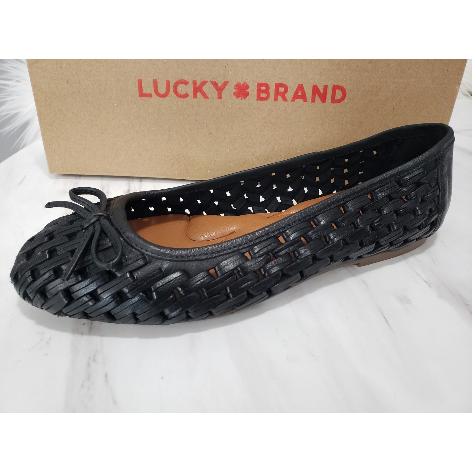 New Size 7.5 Slip On Lucky Brand Mogeni Woven Leather Ballet Flats Black Boho